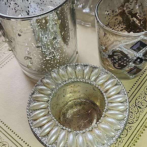 Set Of 5 Party Ready Mercury Glass Candleholders Different Heights Textures #6F - Picture 2 of 12